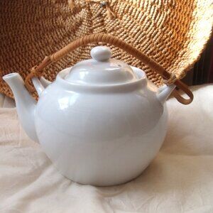 PIER 1 Asian Style White Tea Pot Bamboo Handle